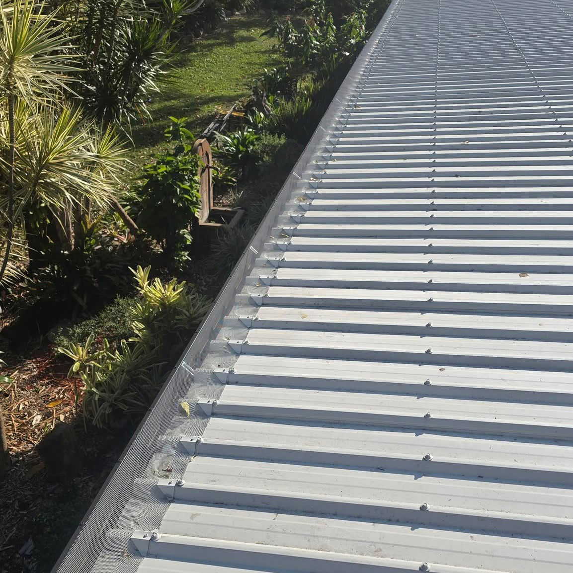 After: gutter guard mesh fitted along the gutter of a white metal roof